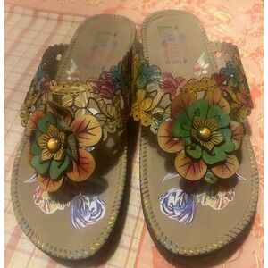 L'Artiste Spring Step Solange Handpainted Floral Leather Slide Sandals Sz 7.5/38